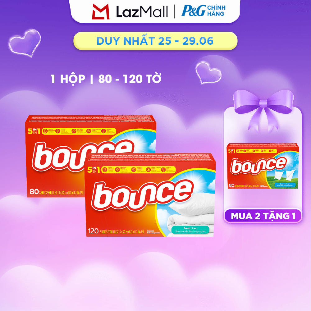 Giấy Làm Mềm Vải Thơm Quần Áo BOUNCE Nhập Khẩu Mỹ Thơm Quần Áo Hương Fresh Linen Hộp 120 Tờ/ 80 Tờ