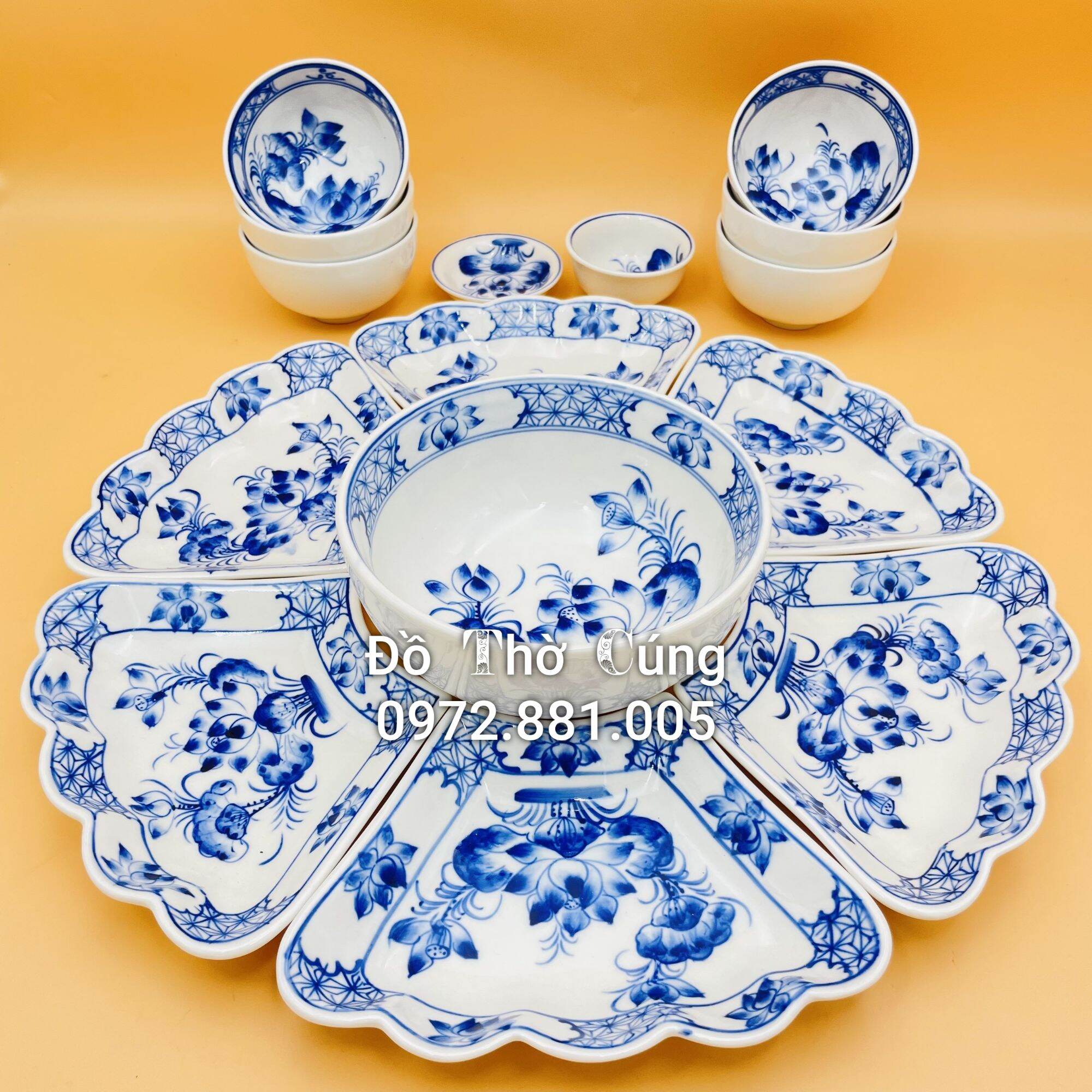 Bộ bát đĩa/Bộ đồ ăn vẽ hoa sen men cổ