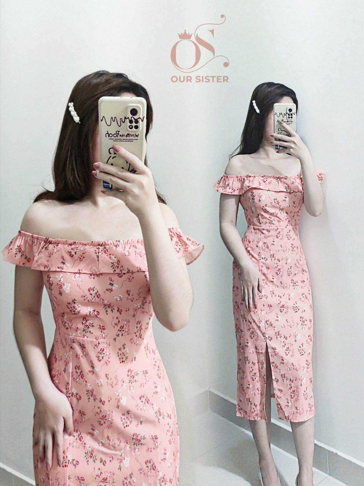 🌺 váy hoa nhí hồng cam xẻ tà 🌺 ảnh thật - freeship