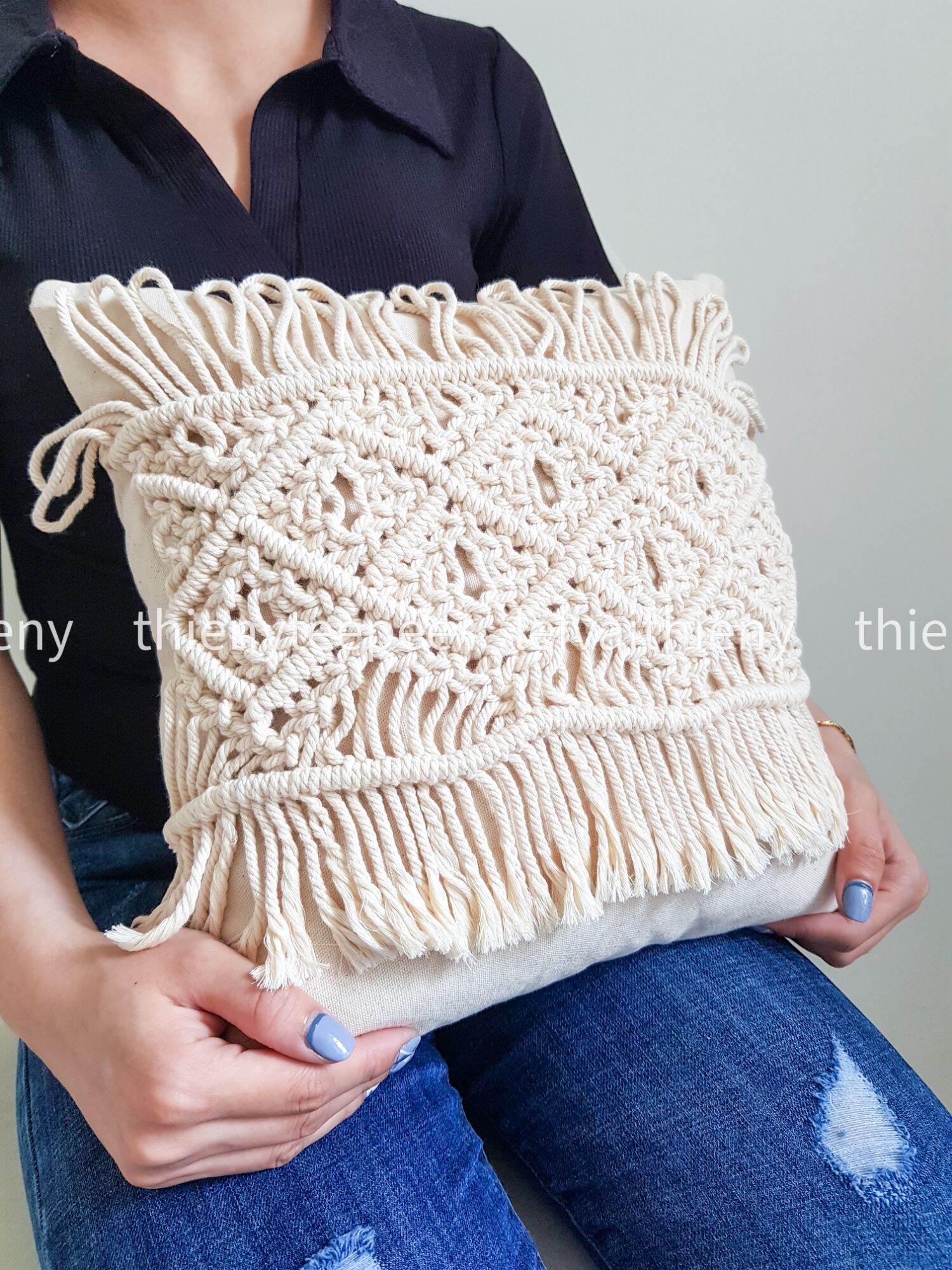 Gối macrame 35x35cm phong cách Boho, Gối ôm, Sofa, trang trí Homestay, quán Cafe, Macrame Pillow hình vuông