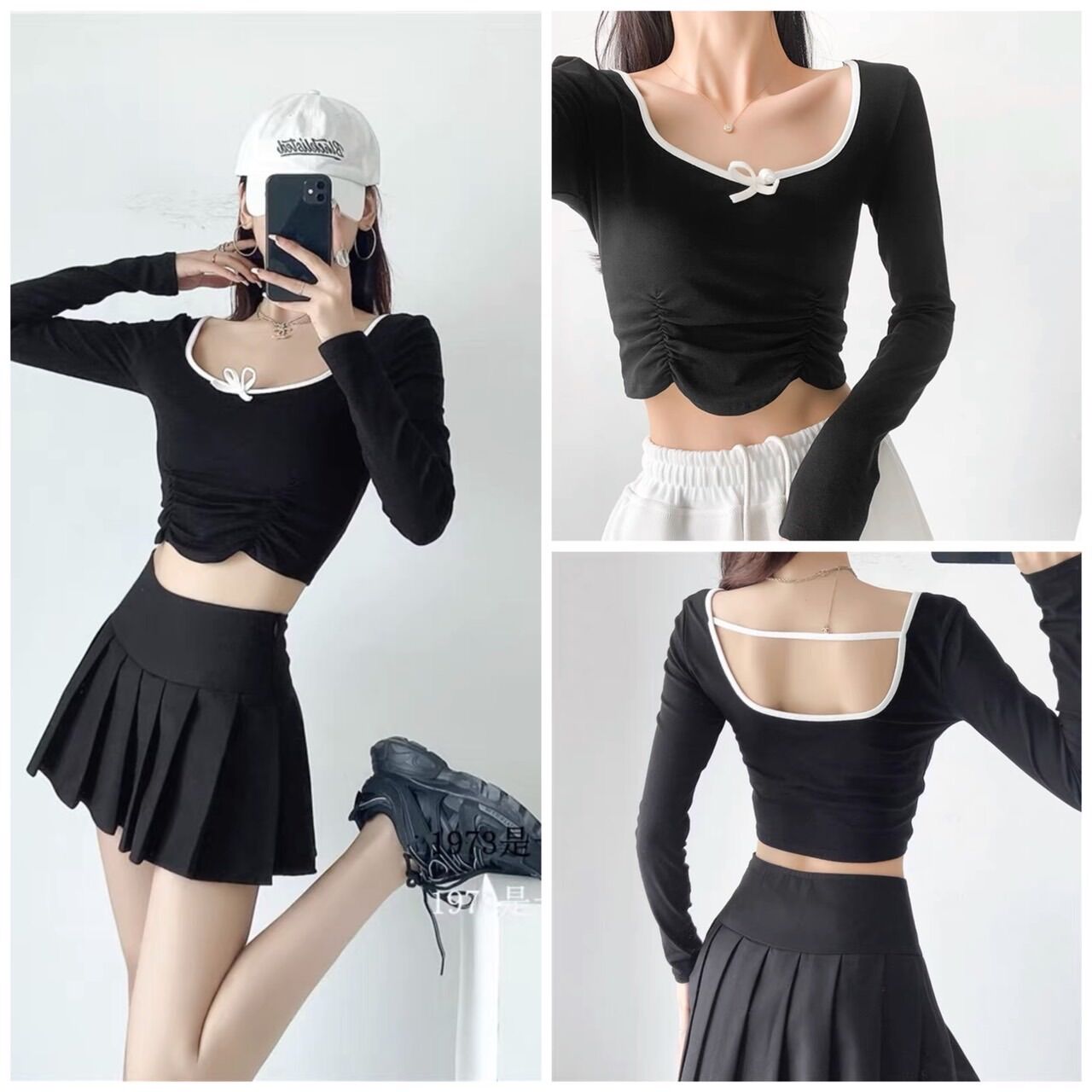 Áo kiểu thun croptop tay dài cổ U phối chít hở lưng cho nữ
