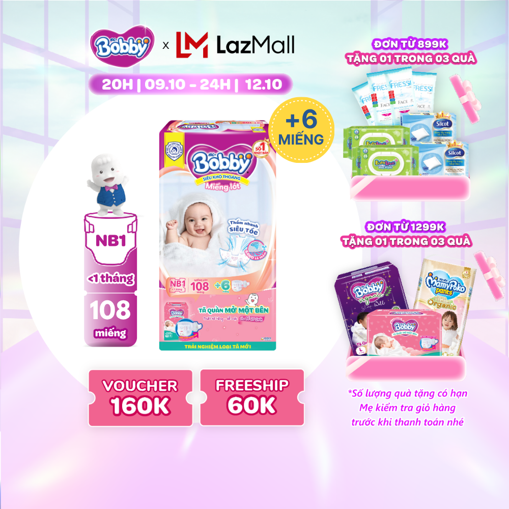 [CHỈ 20H 09-12/10 QT Đơn 899K/1199K]Miếng lót sơ sinh Bobby gói lớn Newborn 1-108 miếng (0-5kg) + Tặng kèm 6 miếng tã quần mở 1 bên Bobby size NB / NB-S