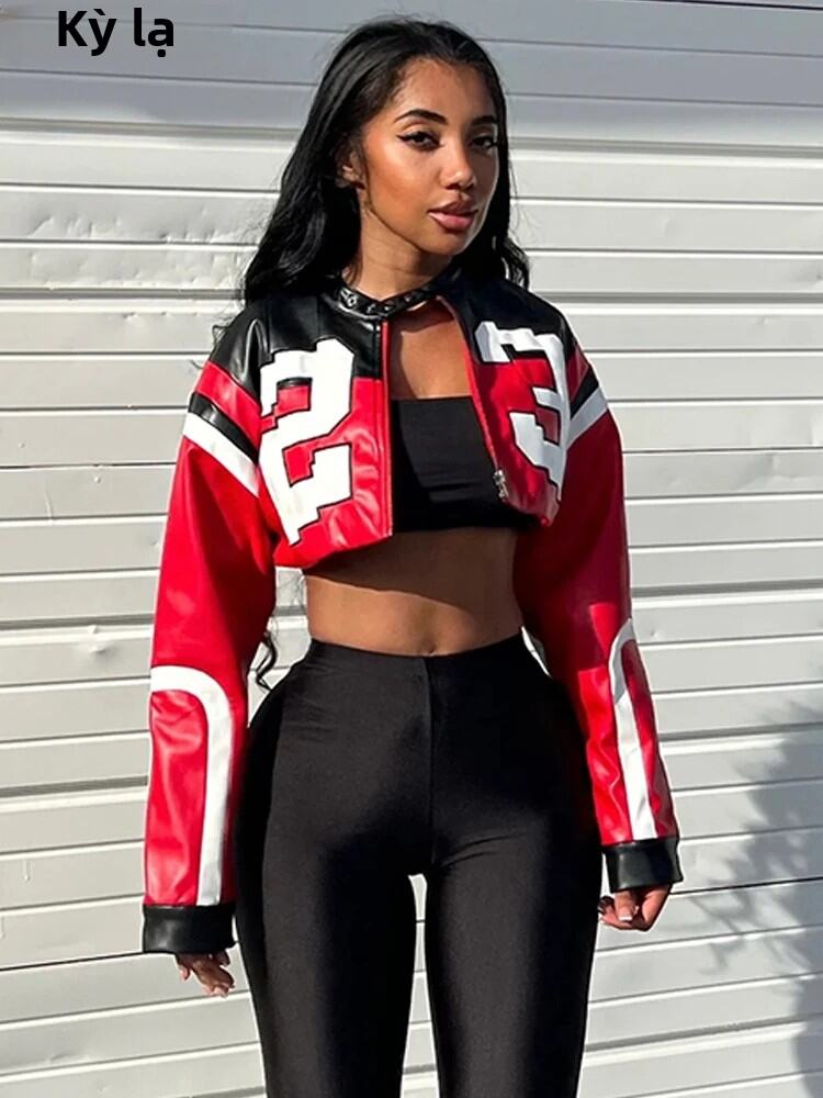 Nữ Hipster Giả Da Varsity Áo Khoác Lạ Puss In Chữ Giày Thể Thao Dạo Phố Xu Hướng Mùa Thu Áo Crop Top