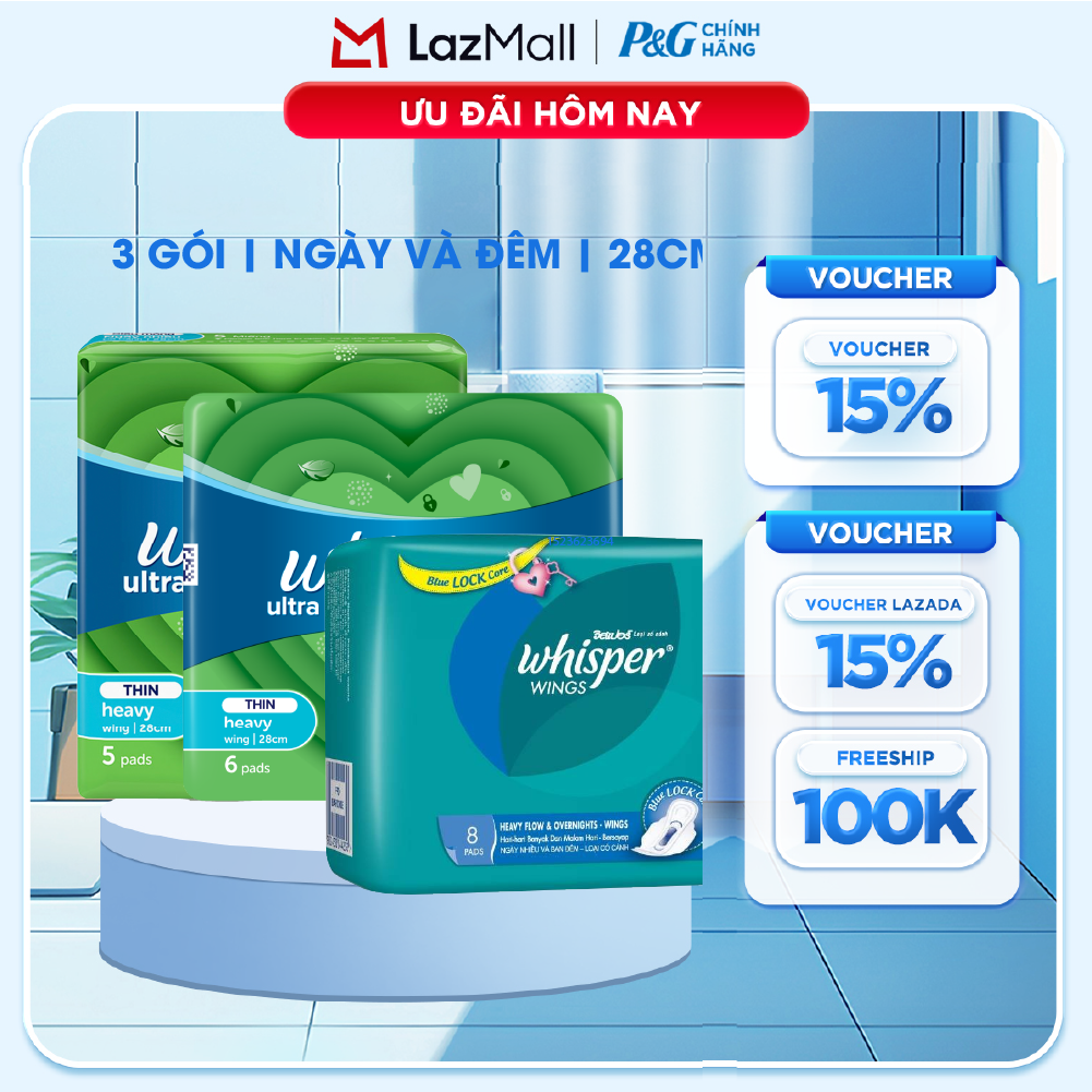 Combo 3 Băng Vệ Sinh WHISPER Ultra Clean/ Thick Mesh Khô Thoáng Siêu Mỏng Cho Ngày Nhiều Có Cánh 28cm 5 Miếng/ 8 Miếng/ 6 Miếng