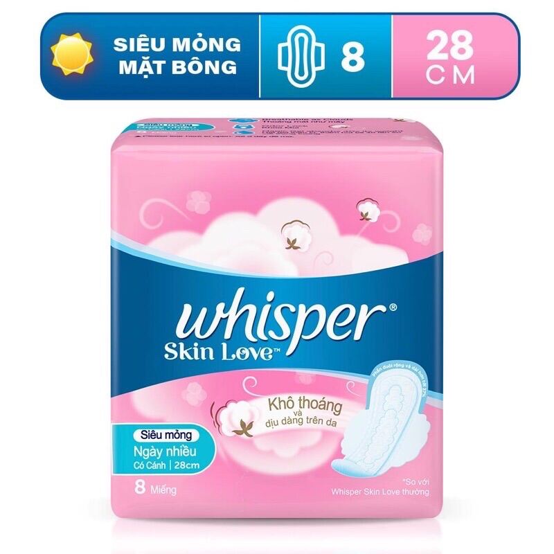 Băng vệ sinh Whisper Skinlove 28cm Cho Ngày Nhiều và Ban Đêm
