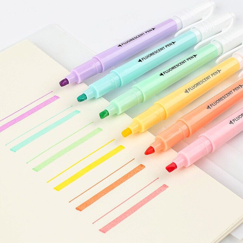 Set 6 Bút highlight pastel 2 đầu FLUORESCENT PEN (dupe STABILO)
