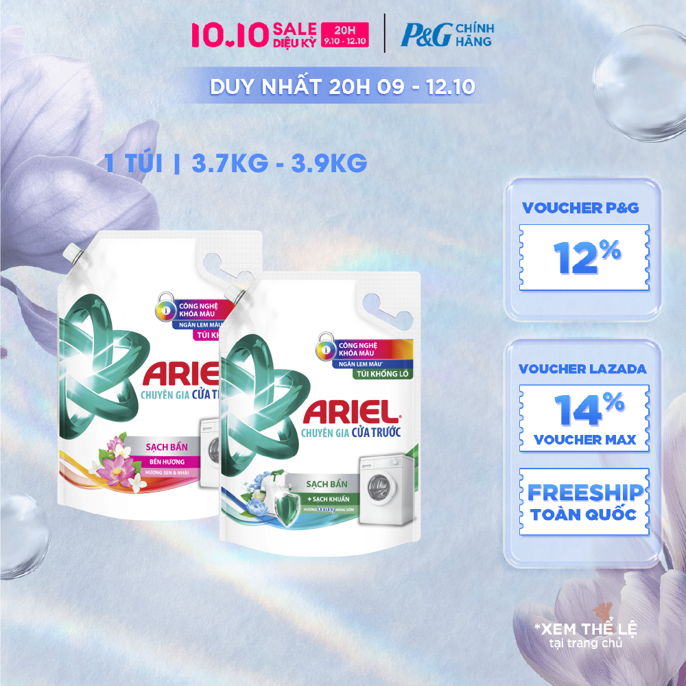 [Voucher 12%] Nước Giặt Cửa Trước ARIEL Ngăn Lem Màu, Quần Áo Siêu Thơm Hương Downy Nắng Sớm/ Hương Sen Nhài Túi 3.9KG/ 3.7KG