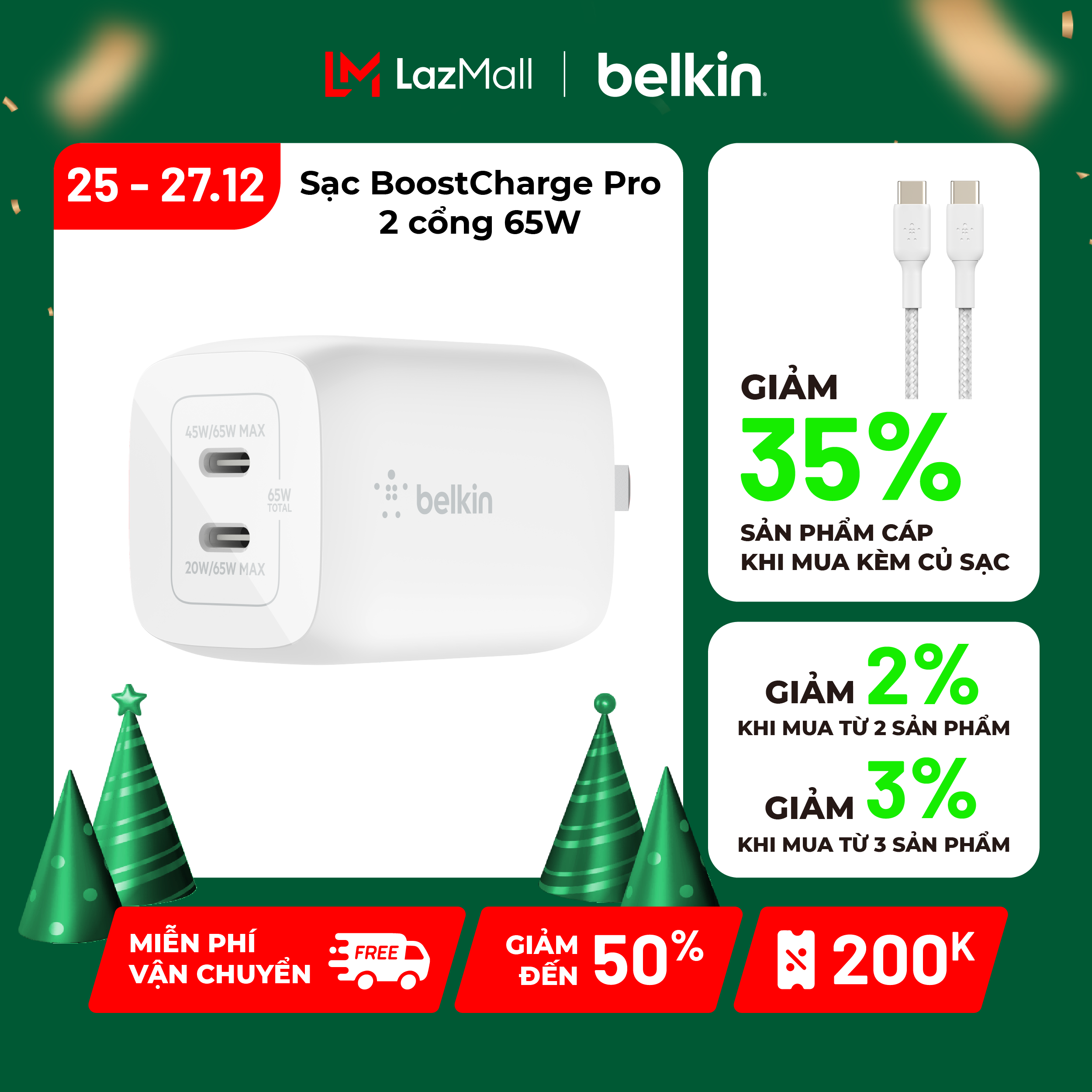 Sạc nhanh BOOSTCHARGE PRO GaN Belkin 65W 2 cổng USBC PD 3.0 PPS WCH013