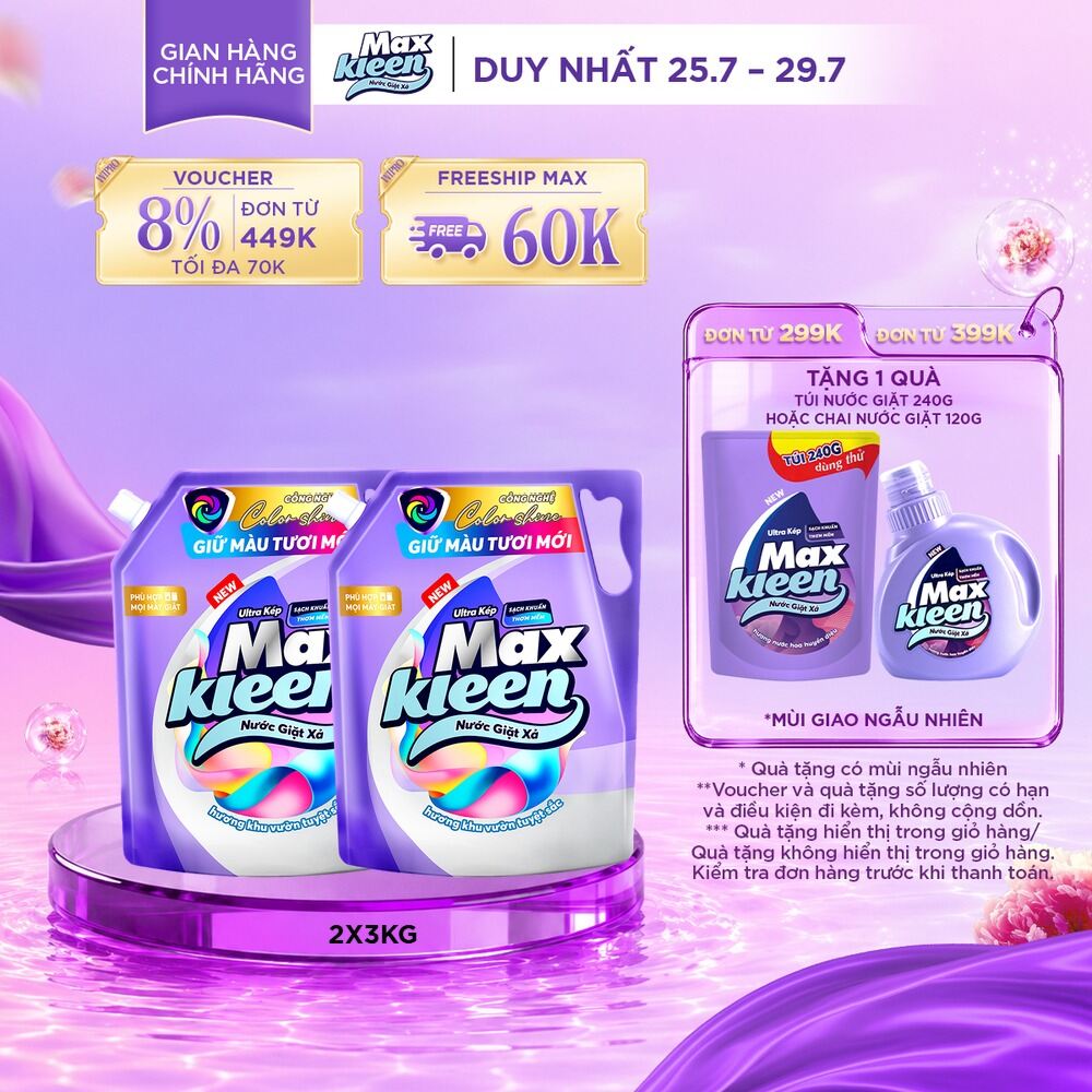 Combo 2 Túi Nước Giặt Xả MaxKleen Giữ Màu Tươi Mới Hương Khu Vườn Tuyệt Sắc 3kg/Túi