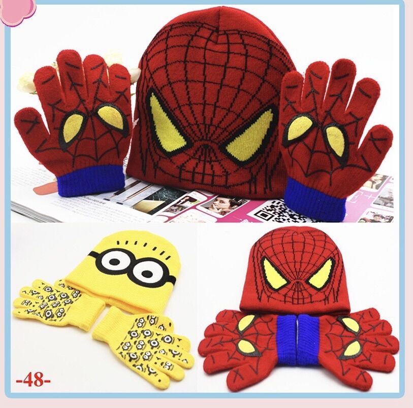 Sét mũ và gang tay hình minion, hình siêu nhân người nhện cho bé 2-10 tuổi