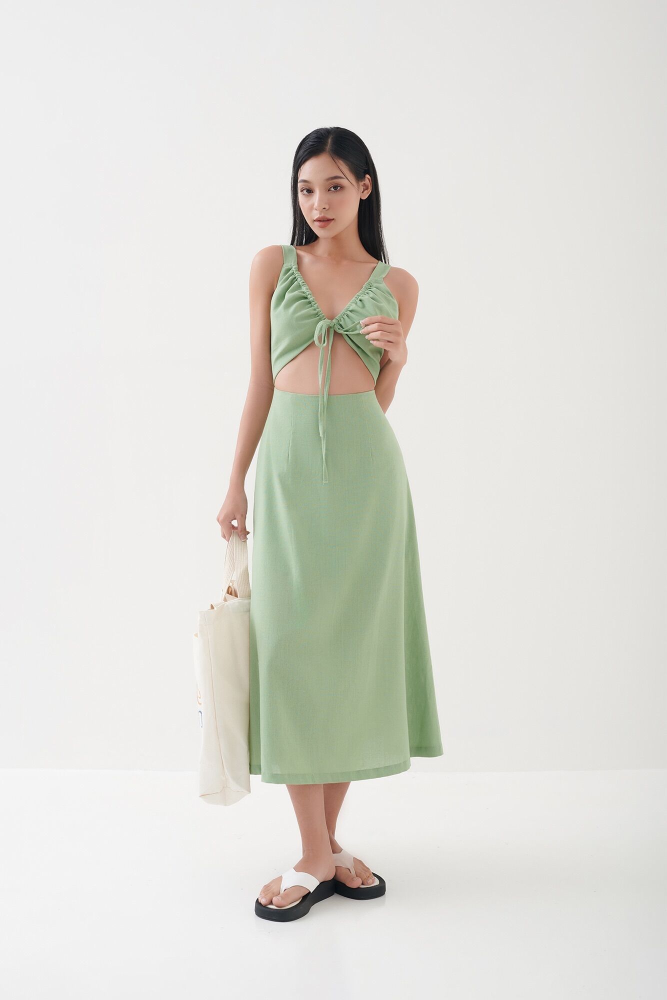 Amegon đầm linen rút ngực fresco dress