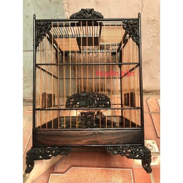 Lồng chim vành khuyên gỗ mun đục CNC đủ phụ kiện đẹp