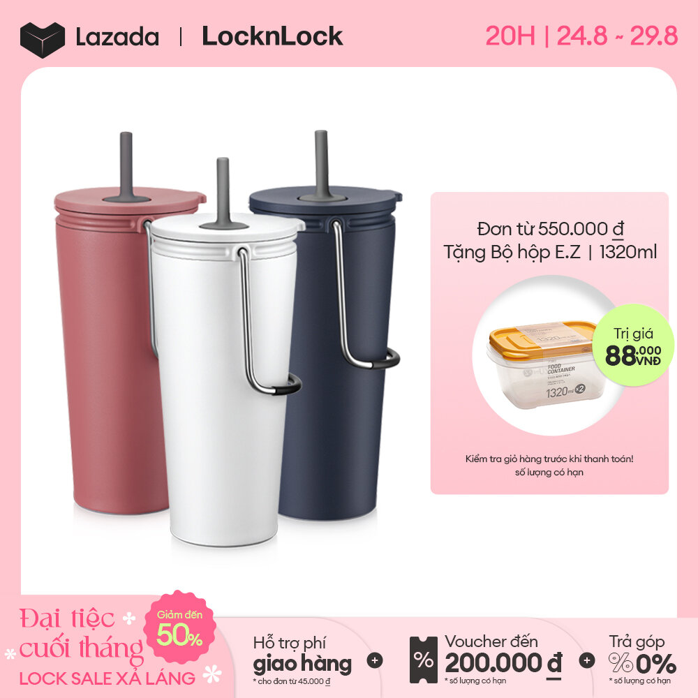 LHC4268 - Bình giữ nhiệt có ống hút Lock&Lock 540ml Bucket Tumbler with Straw - Thép không gỉ, có quai xách, đế chống trượt - Hàng chính hãng