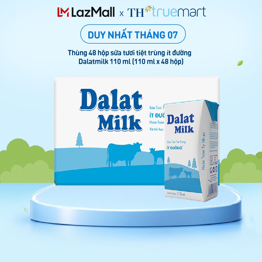 Thùng 48 hộp sữa tươi tiệt trùng Dalatmilk ít đường 110 ml (110 ml x 48)