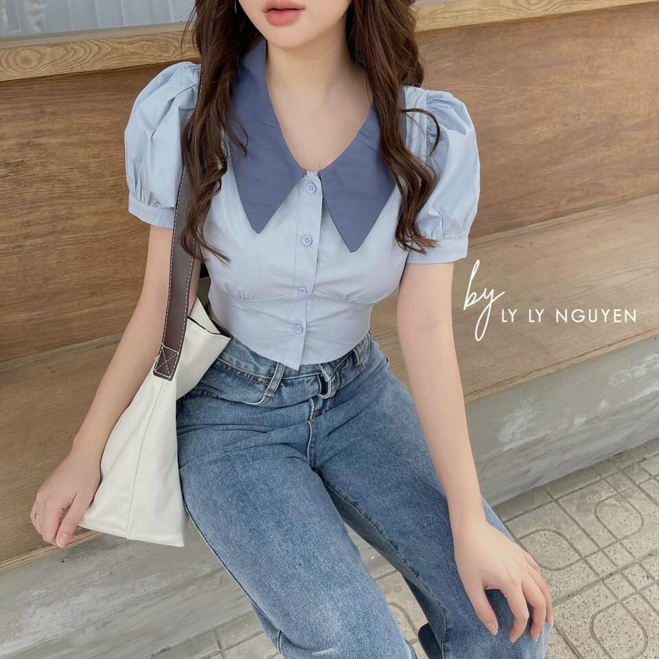 ÁO SƠ MI CROPTOP CỔ MÀU