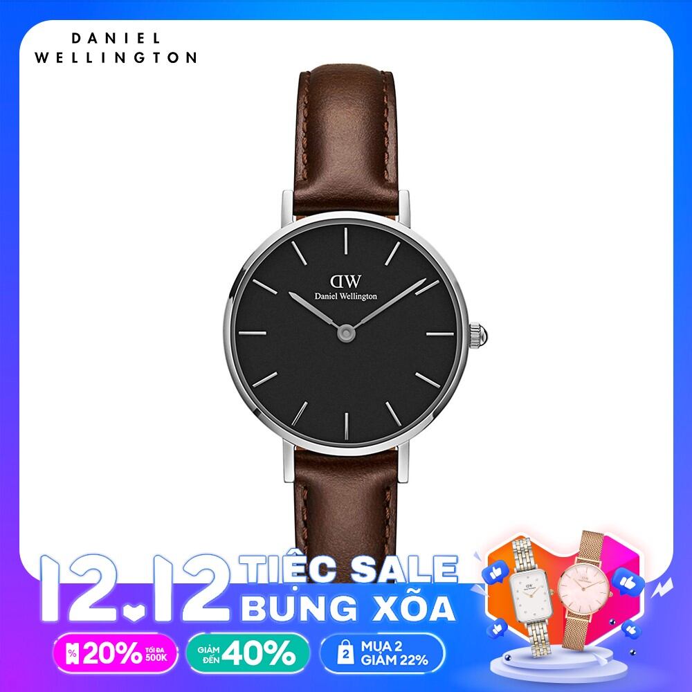 Đồng hồ Nữ Daniel Wellington dây da - Petite Bristol mặt đen - vỏ bạc