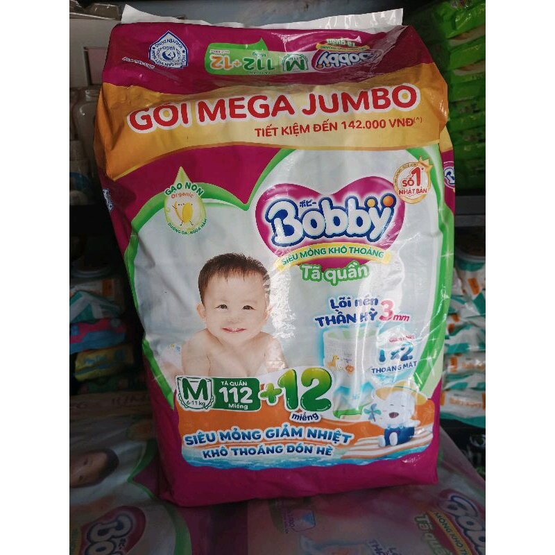 Tã quần bobby mega jumbo gạo non organic dưỡng da ngừa hăm m112+12/ l96+12 /xl84+12/xxl76+12 miếng
