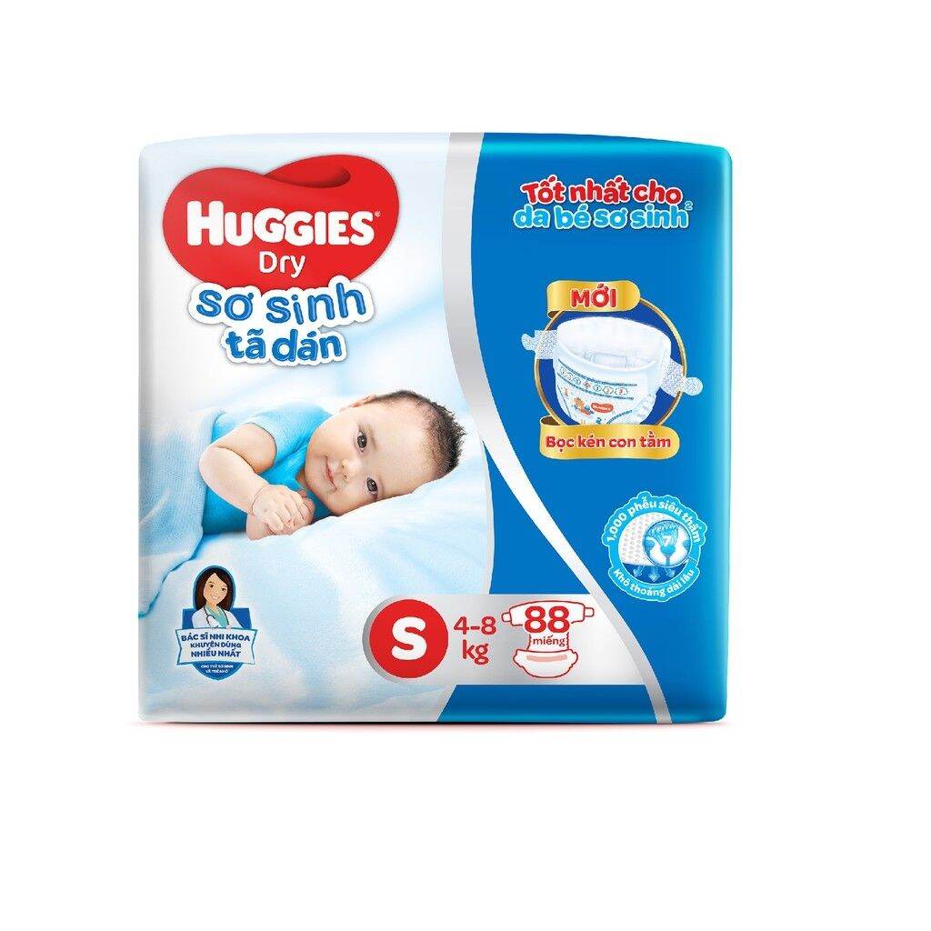 [Tặng 8 miếng] Tã dán sơ sinh Huggies S 88 miếng. Date 2024
