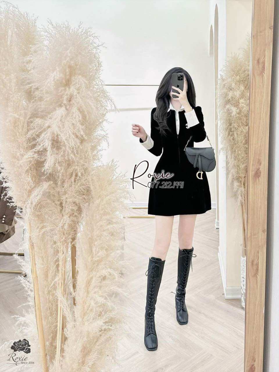 Váy nhung phối cổ sơ mi thiết kế cao cấp