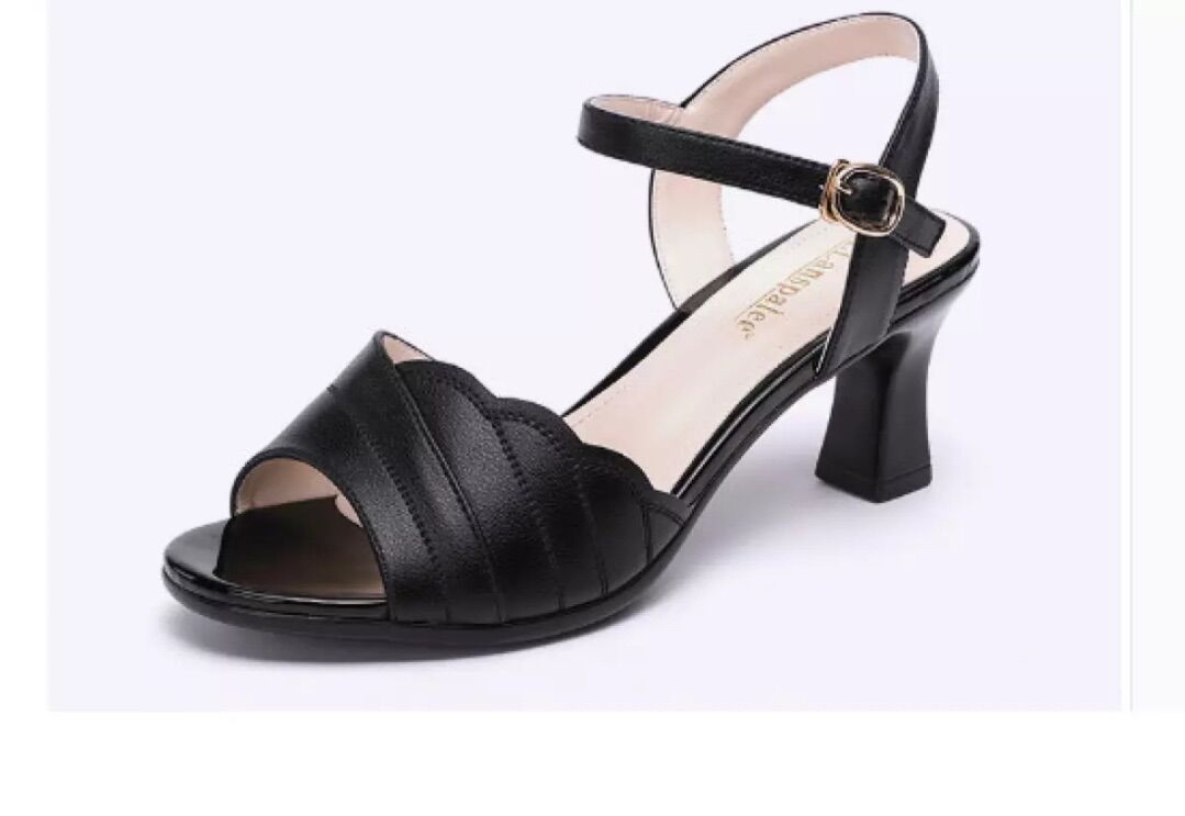 Giày sandal gót vuông quai gợn sóng chất da
