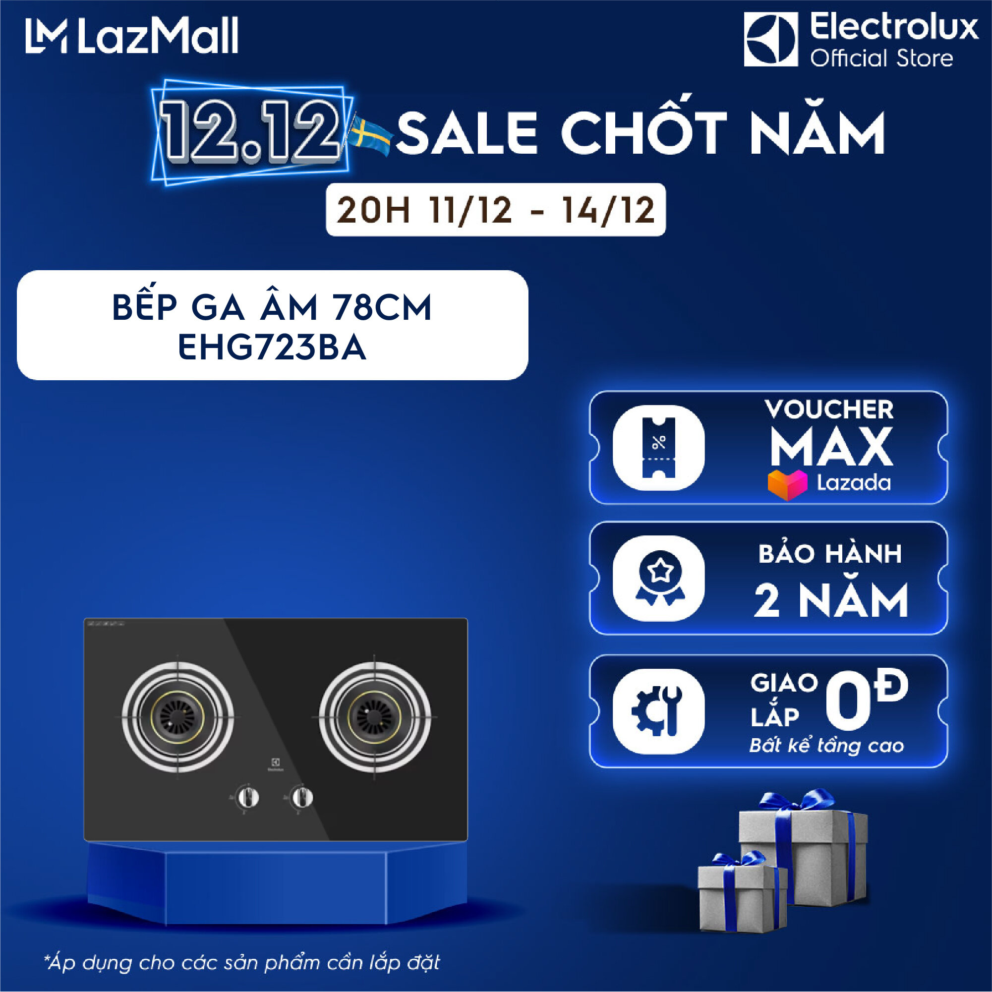 Giao lắp 0Đ Bếp ga âm Electrolux EHG723BA 2 mâm chia lửa 78cm - Tiết kiệm năng lượng ngắt kiểm soát ngọn lửa an toàn núm vặn xoay rộng