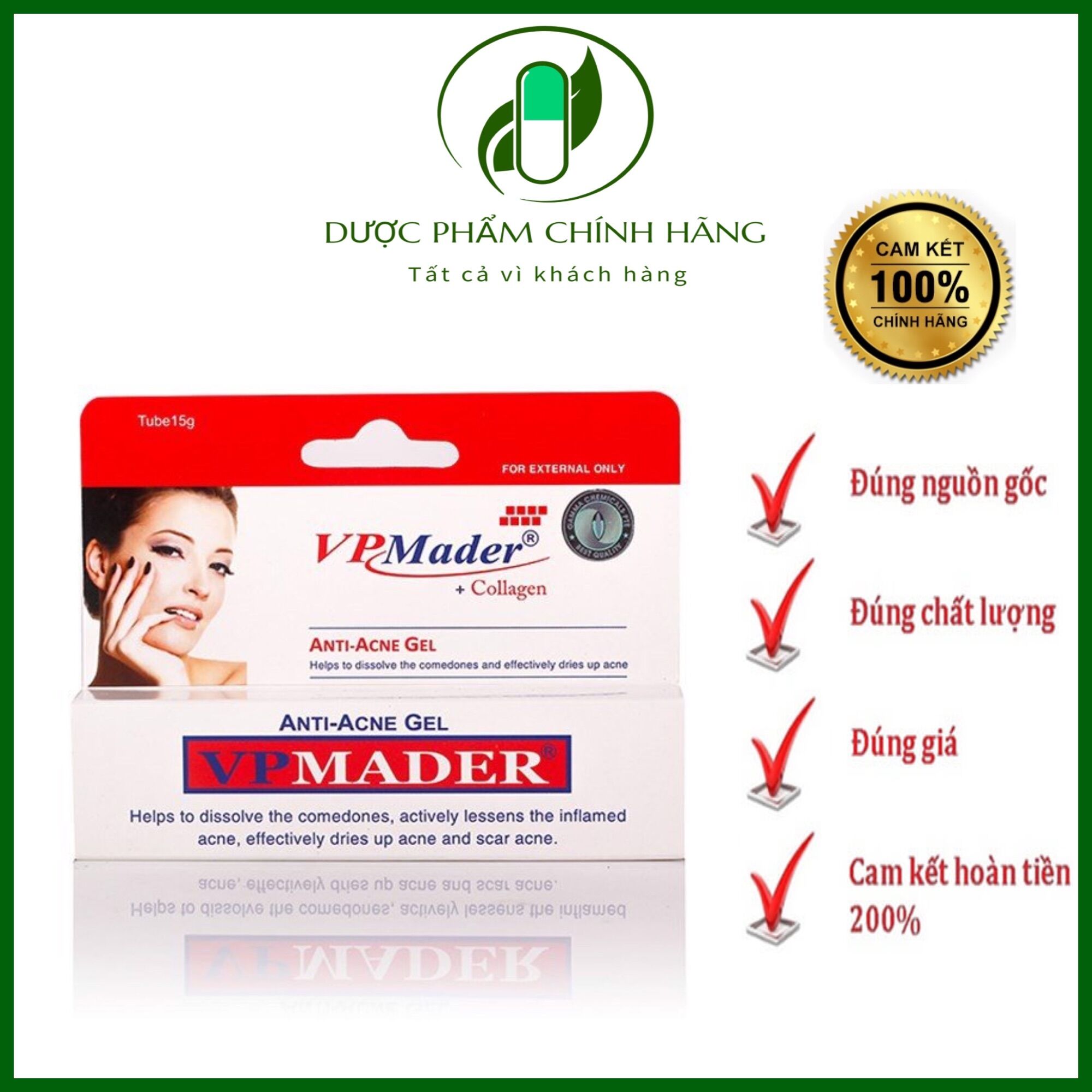 ✅ gel bôi mụn vp mader 15g - gel dưỡng trắng da collagen giảm mụn ở mặt và ở lưng trẻ hóa da dưỡng ẩm