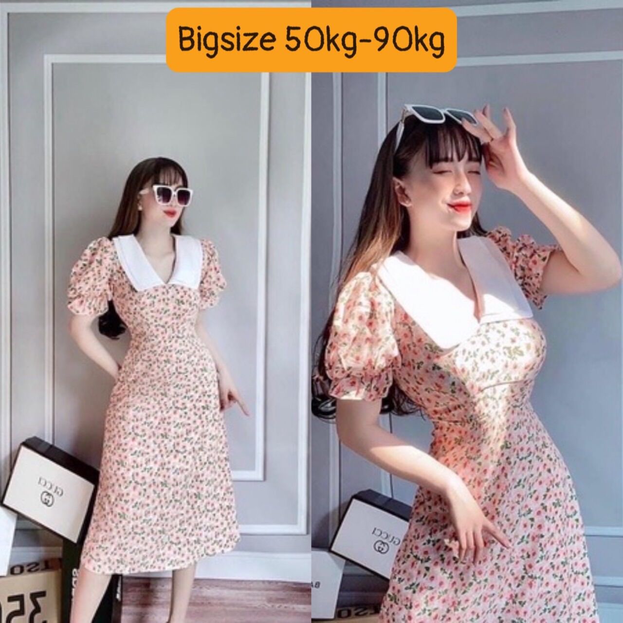 [Shop bigsize nữ 60kg-90kg] Đầm hoa cổ sen dáng chữ A