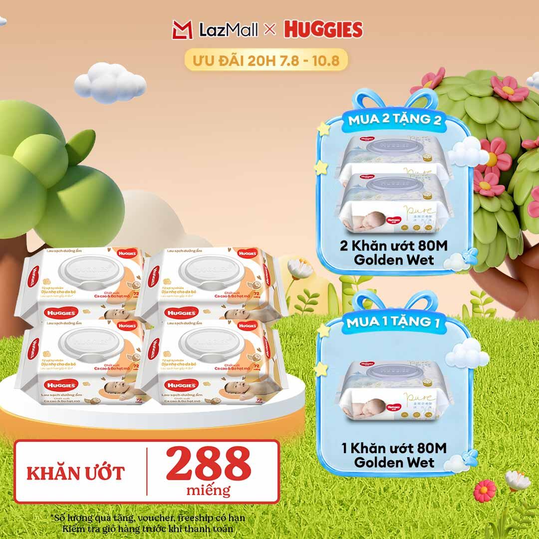[20h 7-10.8 GIẢM THÊM 90K] Combo 4 gói Khăn giấy ướt cho trẻ sơ sinh HUGGIES (Gói 72 tờ)-Chiết xuất Cao cao & Bơ hạt mỡ