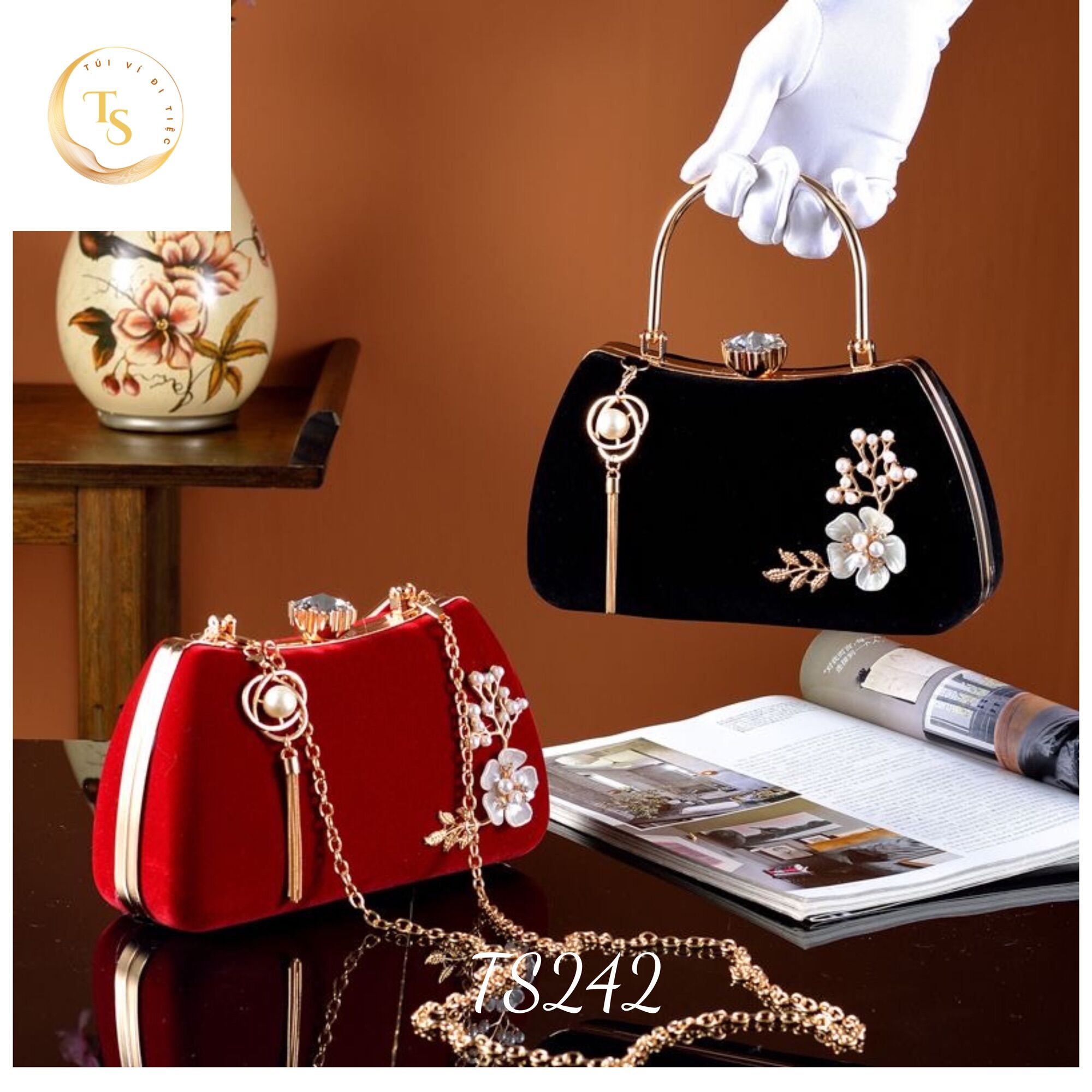 Túi cốp nhung đi tiệc đính hoa lá sang chảnh - TS242
