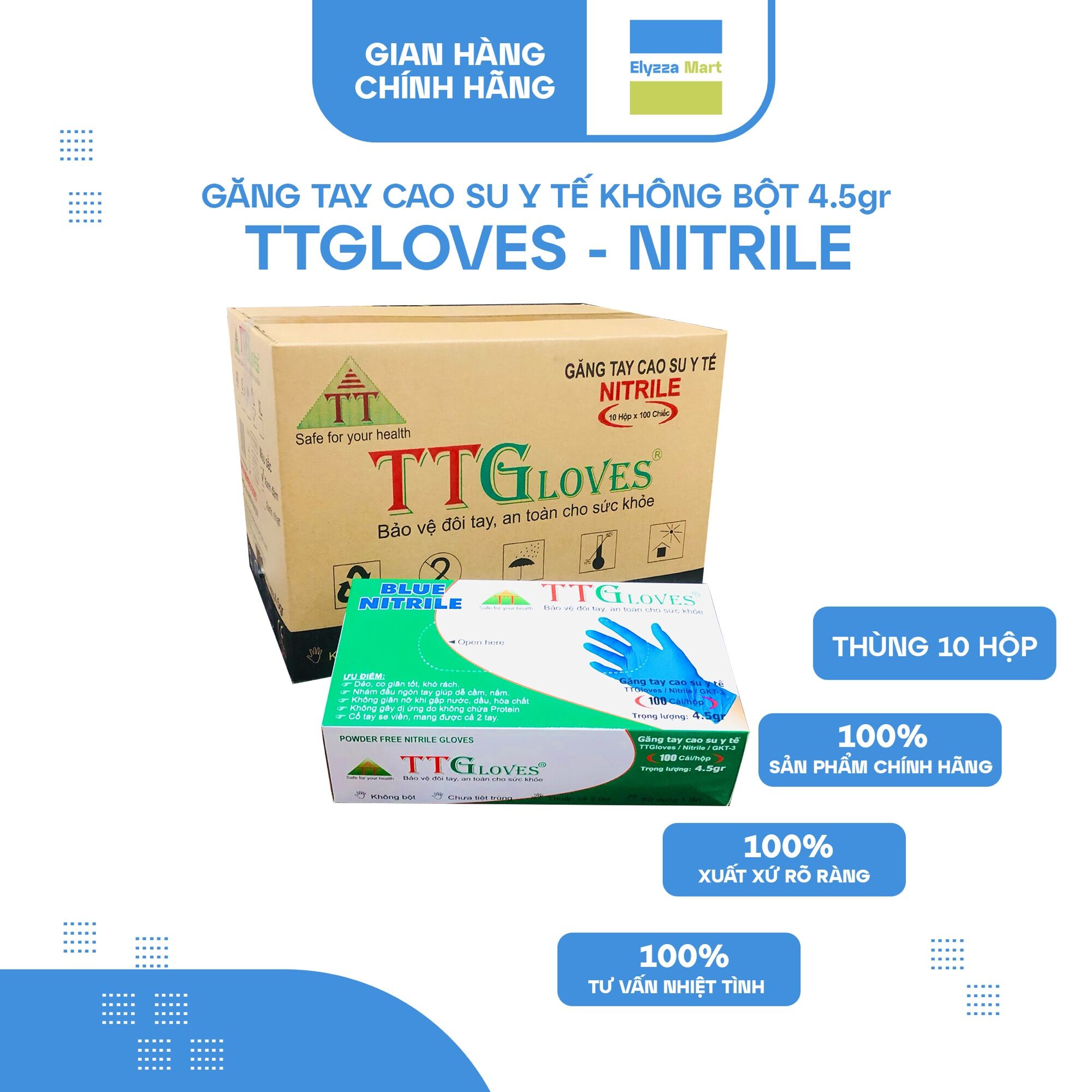 [HCM]Thùng 10 Hộp Găng Tay Y Tế Nitrile Không Bột Cao Cấp TTGloves Màu Xanh