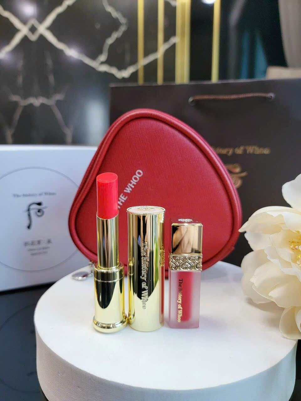 Set son dưỡng Whoo Mi Glow Lip Balm 3.3g tặng ví da và son kem lì mini tone đỏ/ Hàng công ty nhập kh