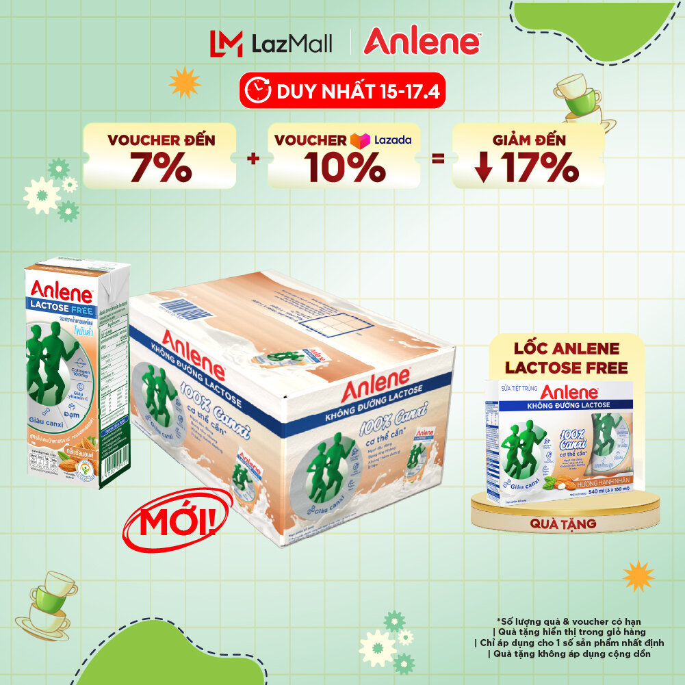 Thùng 18 hộp sữa Anlene không đường Lactose vị hạnh nhân 180ml