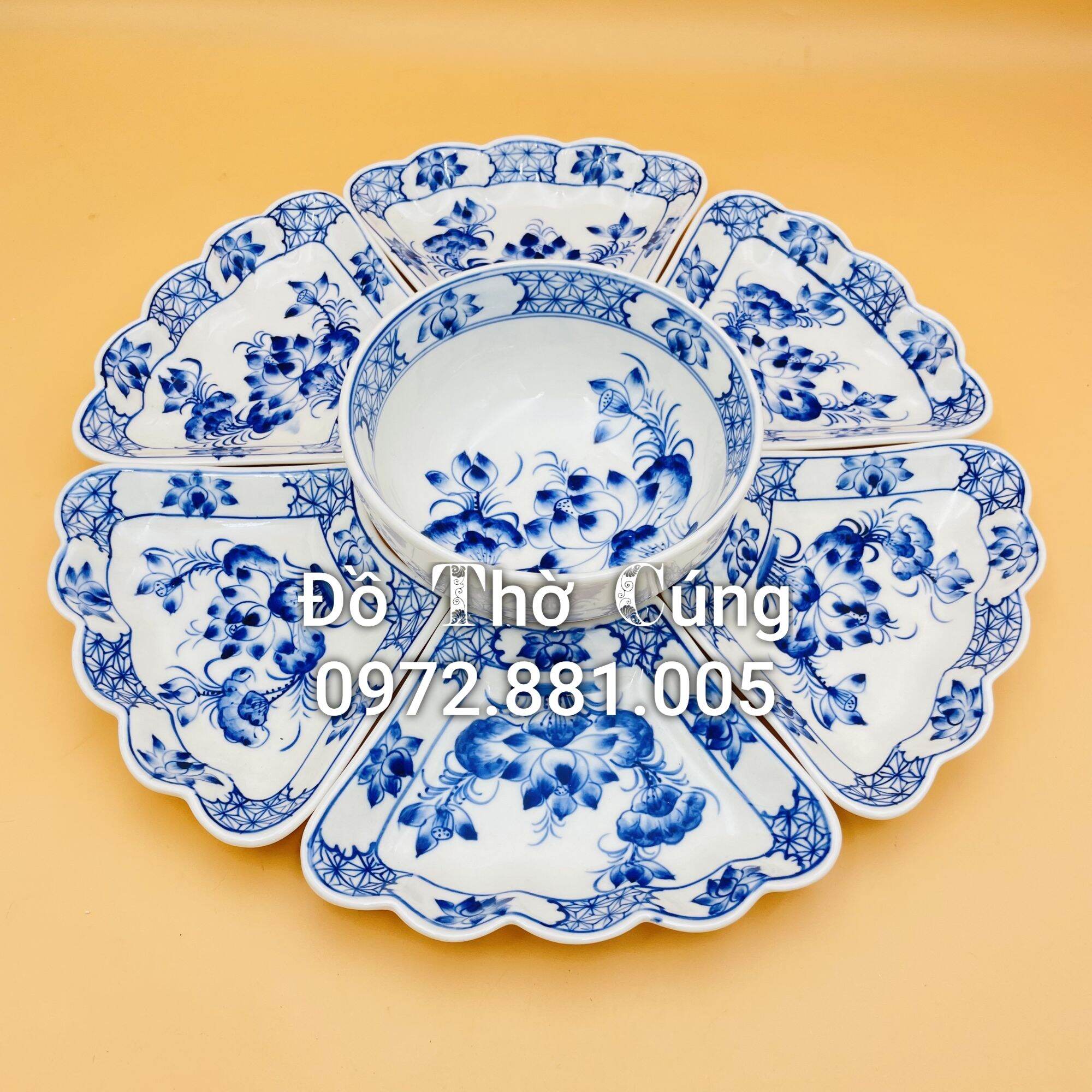 Bộ bát đĩa/Bộ đồ ăn vẽ hoa sen men cổ