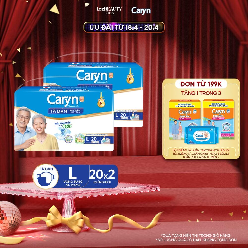 Combo 2 Tã Bỉm Dán Người Lớn Caryn Siêu Thấm Dành Cho Người Già Hạn Chế Khả Năng Đi Lại Size L20 [Bao bì thay đổi theo từng đợt nhập hàng]