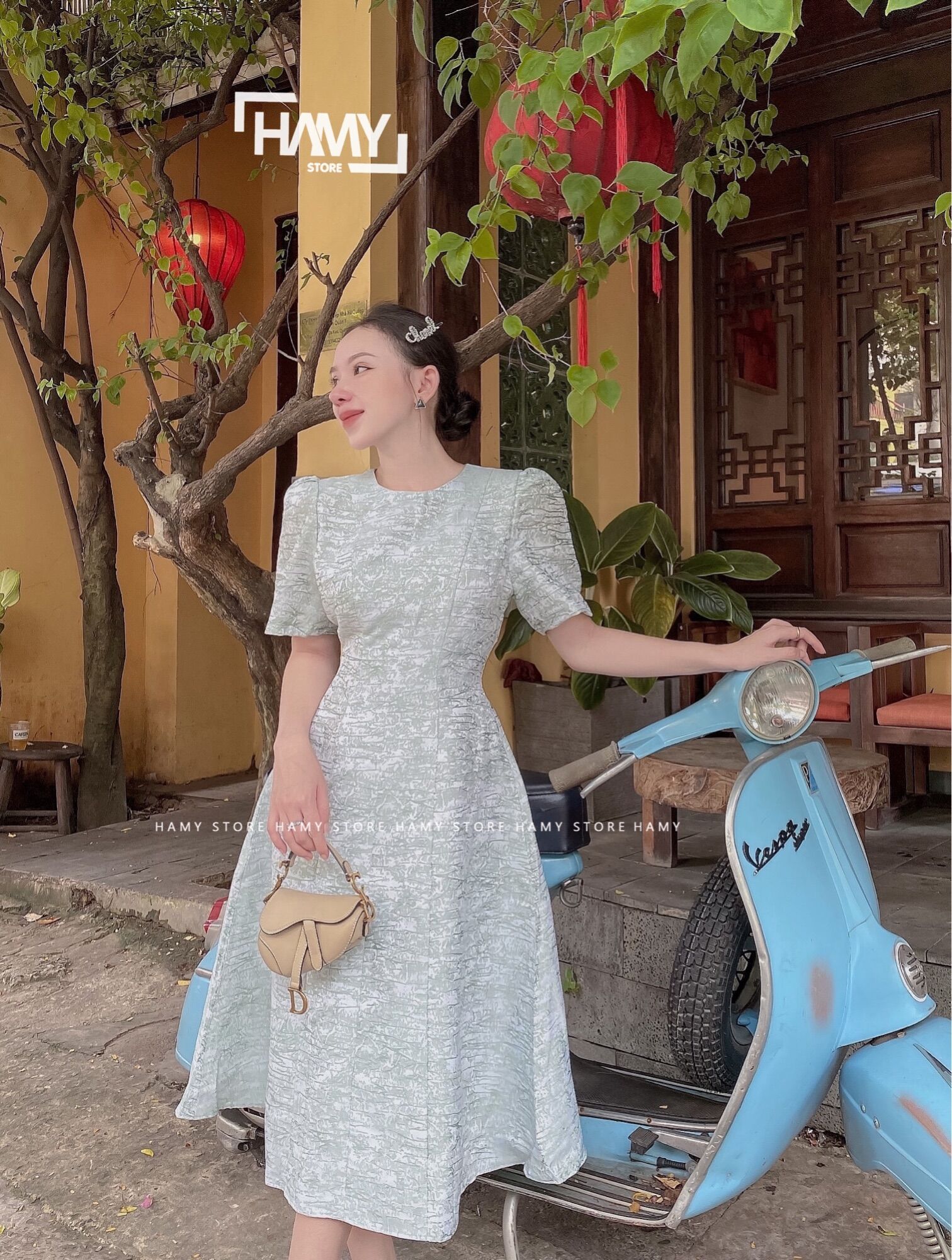 Đầm Tay Bồng Vải Gấm