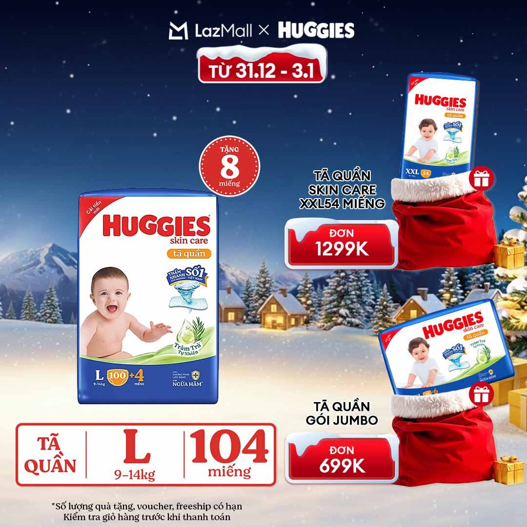   CHỈ 20h 31.12-03.01 GIẢM THÊM 90K   Gói Tã bỉm quần HUGGIES SKINCARE MEGA JUMBO size L100+4 miếng 