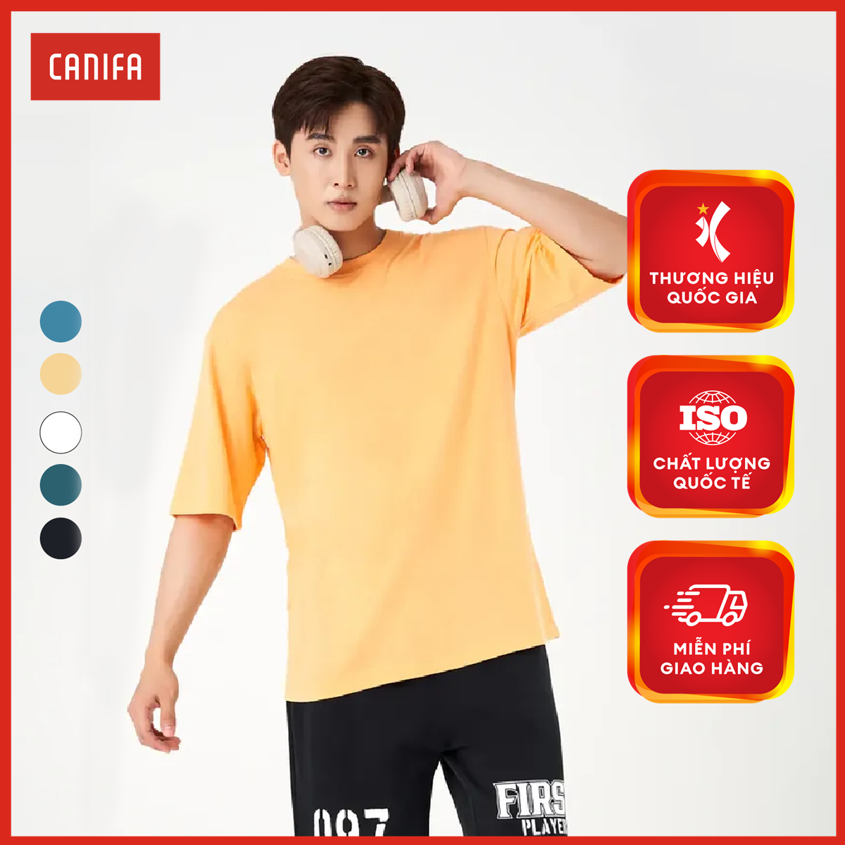 Áo phông nam CANIFA áo thun chất liệu cotton pha cổ tròn tra bo tay cộc phom regular 8TS23A004