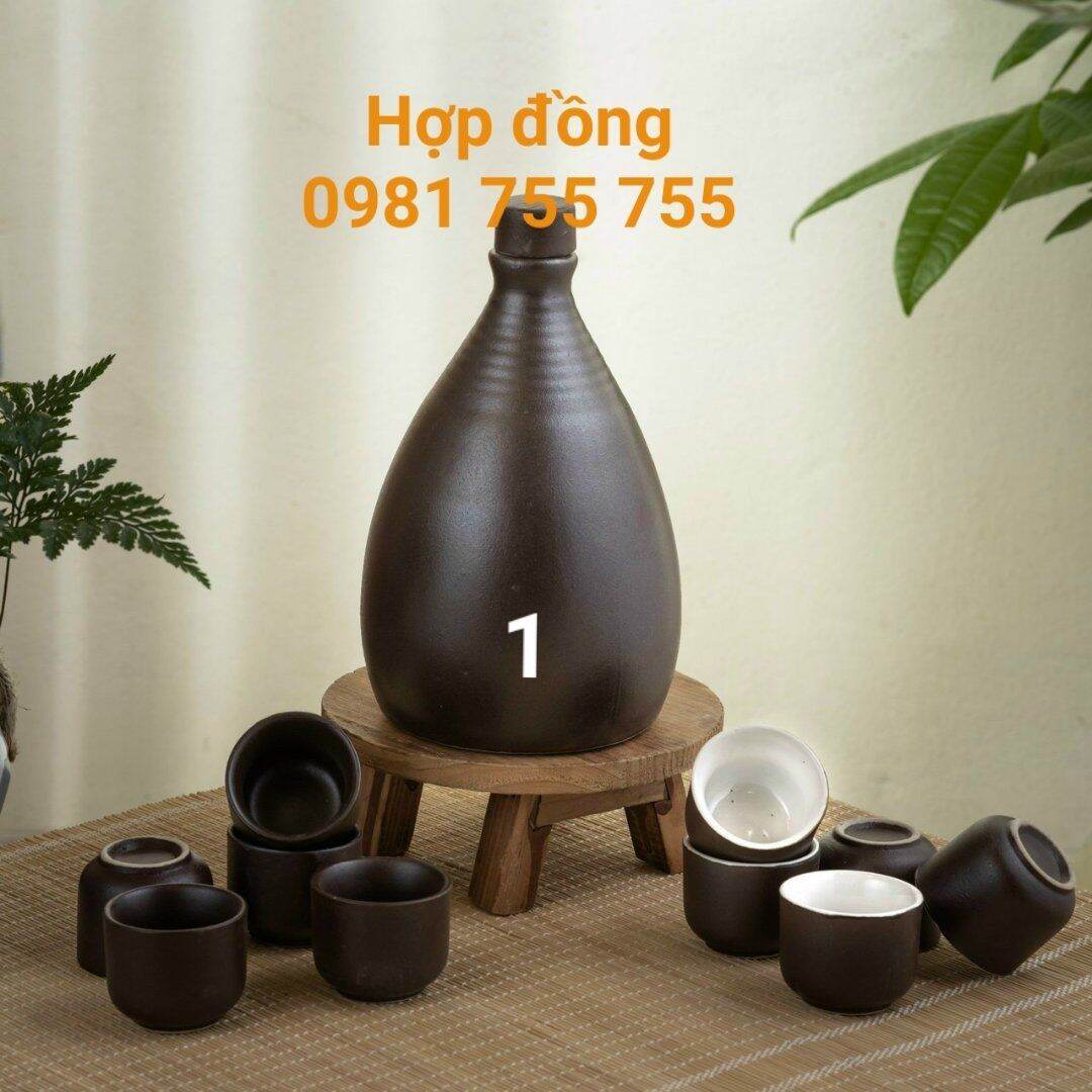 Vò gốm kèm 10 chén,,bình đựng rượu 500ml,nậm rượu Bát Tràng cao cấp