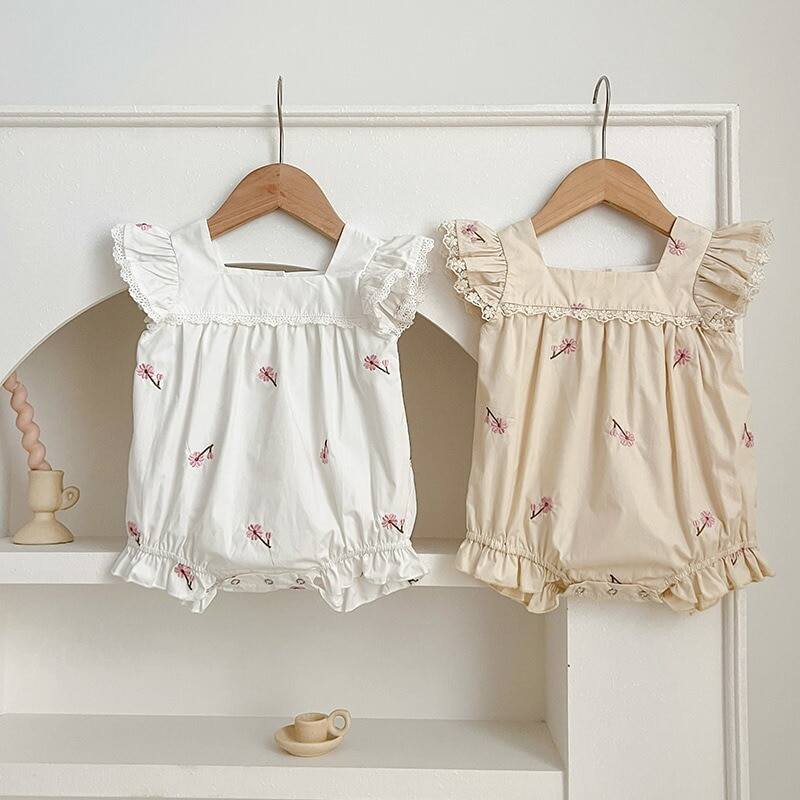 Mùa Hè Rung Tay Phối Ren Cotton Áo Liền Quần Cho Bé Gái Sơ Sinh Trẻ Sơ Sinh Bodys Thêu Hoa Chui Đầu Rompers