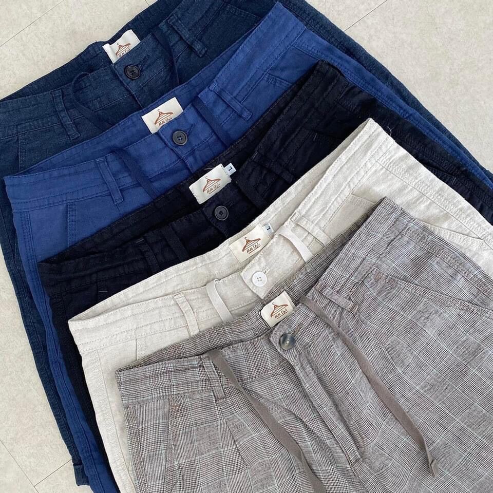 Quần short nam lưng bản giấu dây rút chất linen tưng