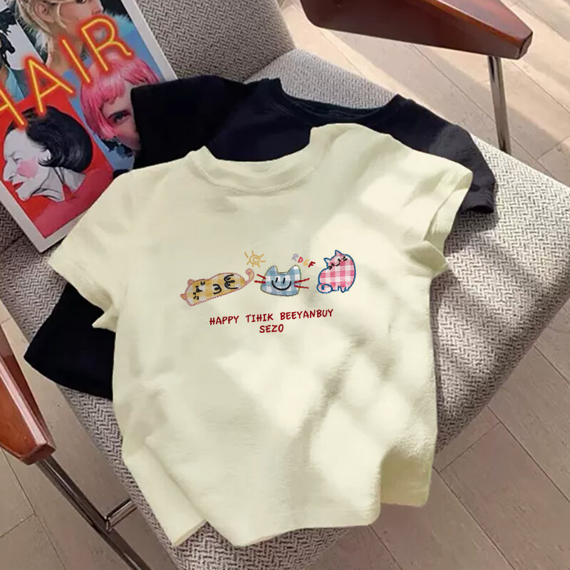 Áo Thun Cotton Tay Ngắn Mùa Hè Cho Bé Gái Phong Cách Hàn Quốc Đa Năng Thời Trang Trẻ Em Mặc Thường Ngày Chất Liệu Cotton Thoáng Khí