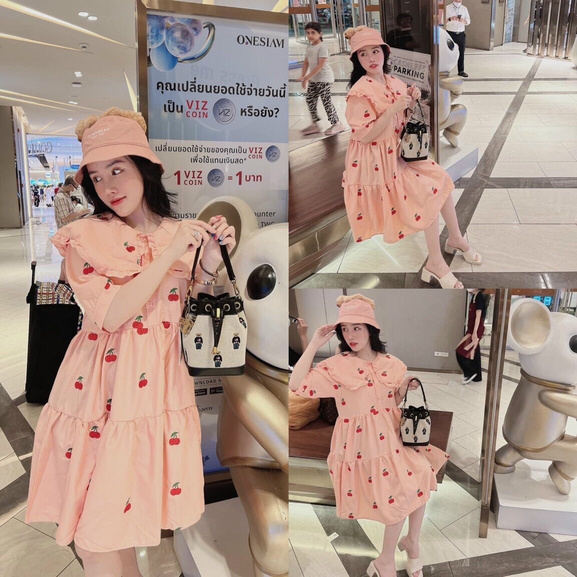 Đầm babydoll hoạ tiết cherry cổ bèo phong cách Ulzzang