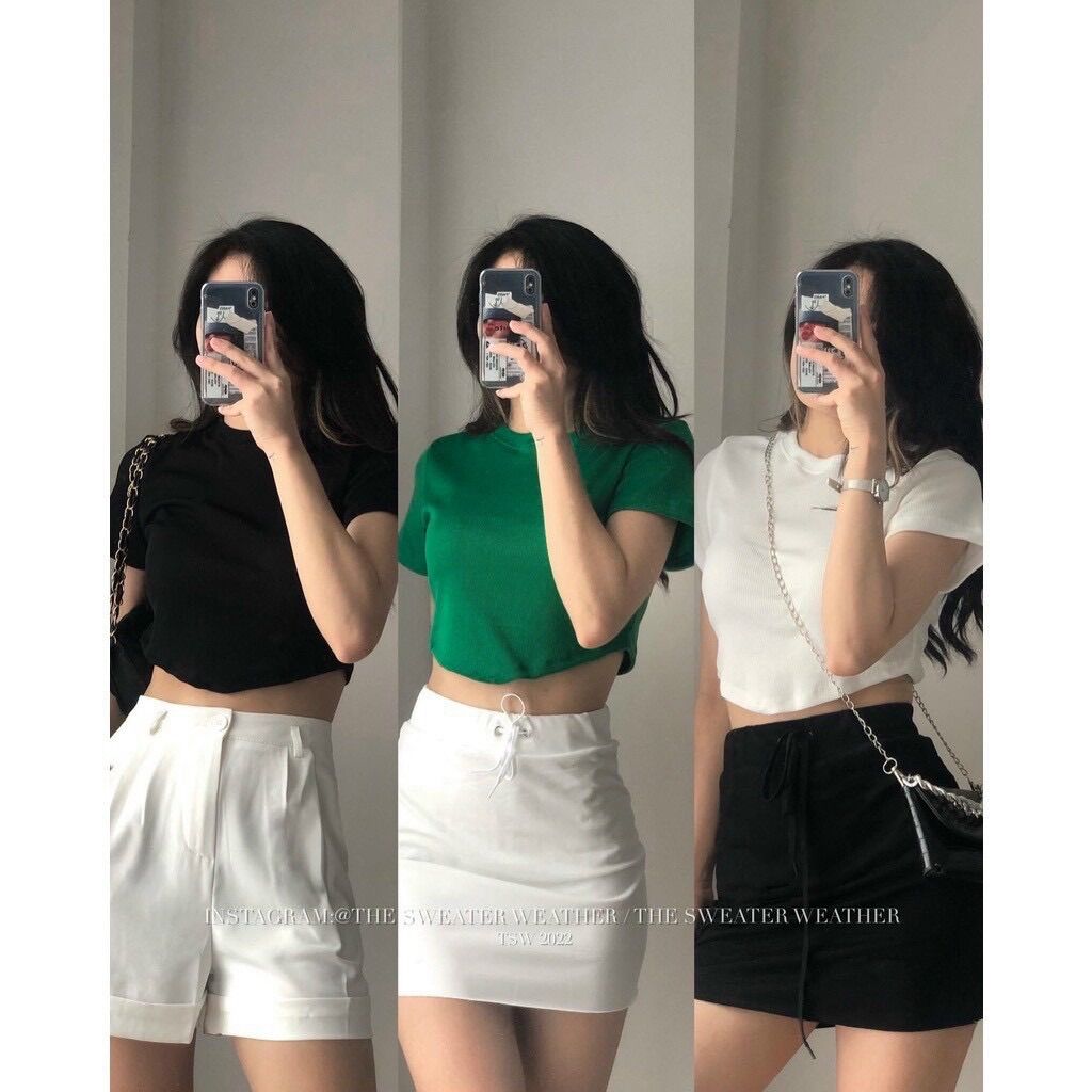 Áo croptop gân tay ngắn vạt nhọn