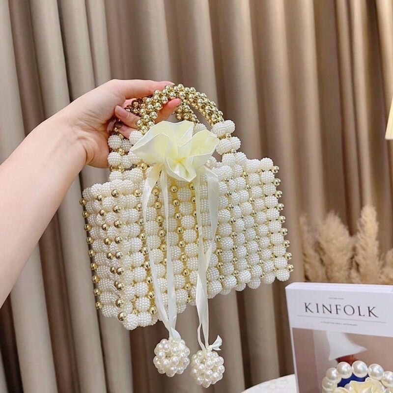 Giỏ xách tiểu thư ngọc trai  sần túi lụa nơ  cao cấp