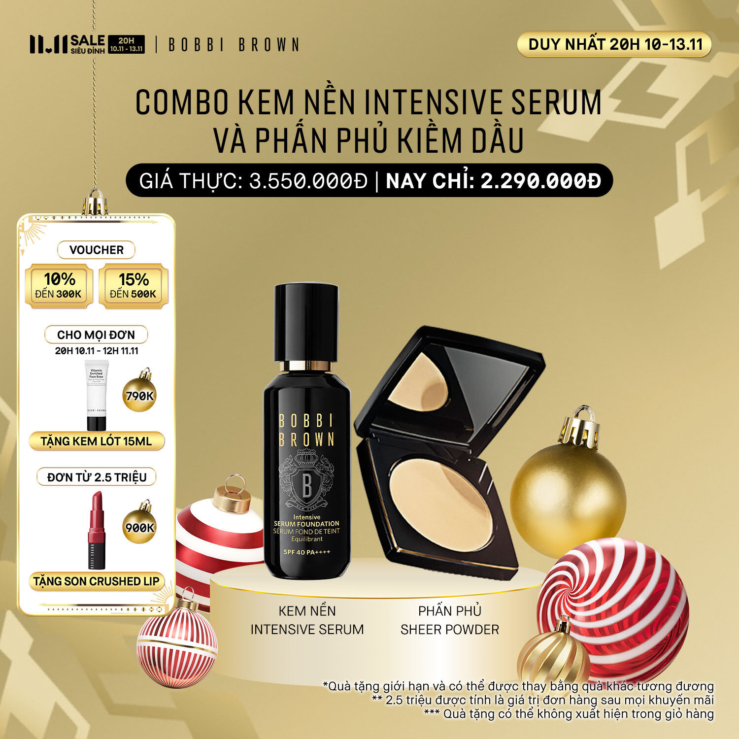 COMBO GIẢM 35% + VOUCHER 15% Bobbi Brown - Bộ 2 món: Kem Nền Bobbi Brown Intensive Serum Foundation SPF 40 PA+++ Phấn Phủ Bobbi Brown Sheer Finish Pressed Powder