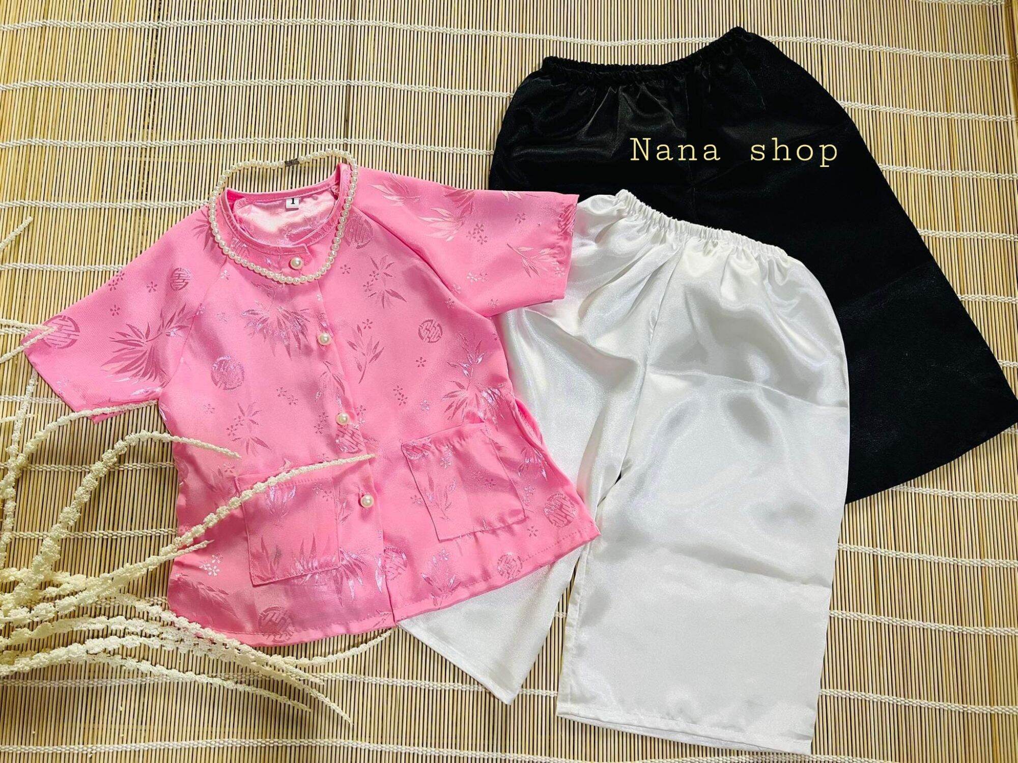 Bộ bà ba bé gái áo gấm lá tre quần phi lụa mềm mịn size 7 - 35ky