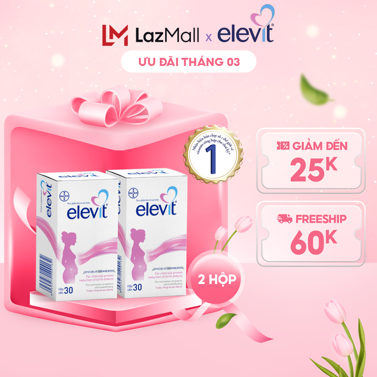 Bộ 2 Hộp Vitamin Bầu Tổng Hợp Elevit Cho Phụ Nữ Trước Trong và Sau Thai Kỳ (30 Viên/ Hộp)