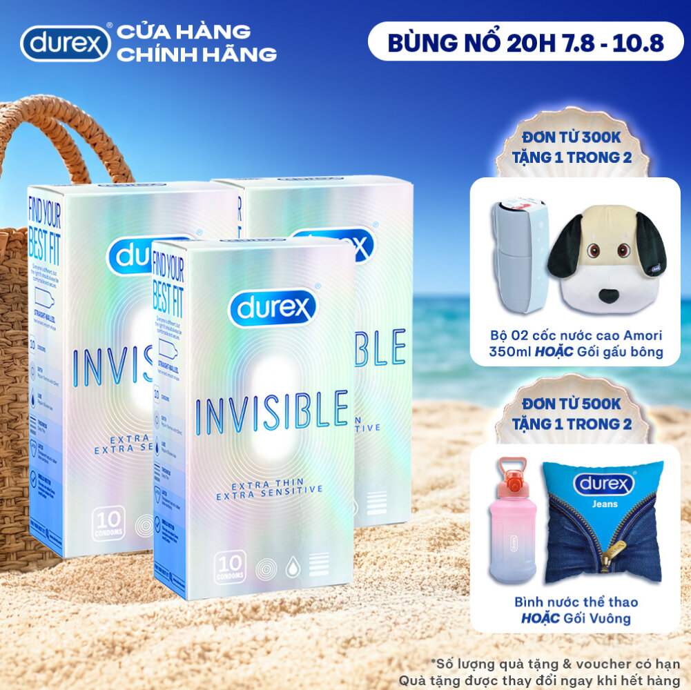 Bộ 3 hộp bao cao su Durex Invisible siêu mỏng, size 52mm, hộp 10 bao