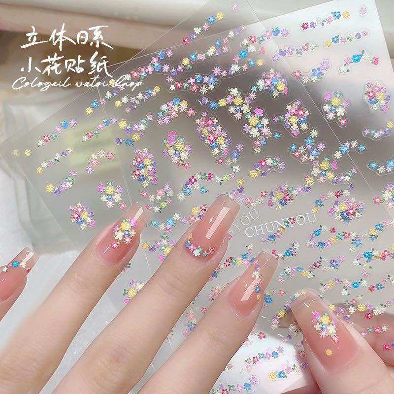 Sticker hoa nhí hoa nổi màu sắc dán móng tay