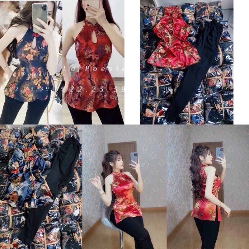 Set yếm cổ tàu quần legging dài-hình thật trải sàn.